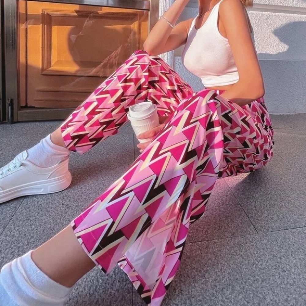 Contemporary retro Geometric Print Split Hem Style Wide Leg Pants - Picture 2 of 6